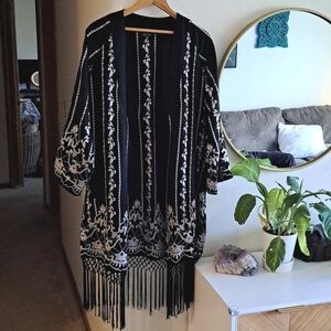 TOPSHOP Embroidered Fringe Kimono